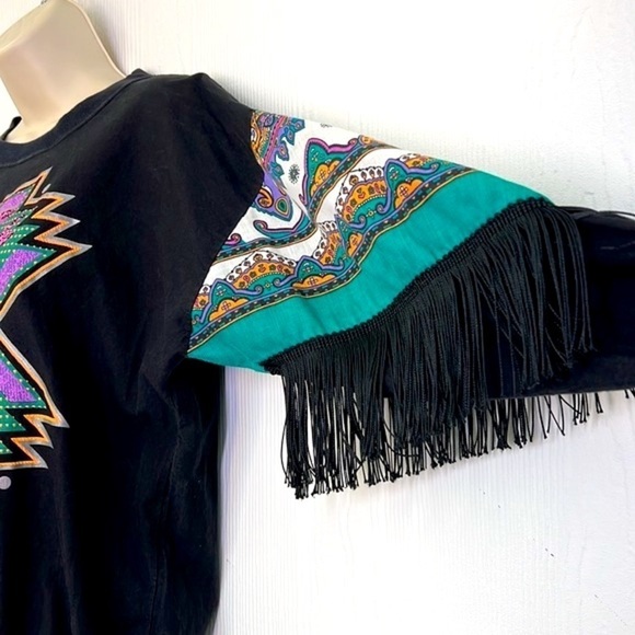 Hazelwood Southwest Fashion - Vintage 80s Black Aztec Fringe Sweatshirt Small - Picture 6 of 12
